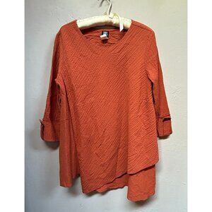Gump's 3/4 Sleeve Crinkle Textured Asymmetric Tunic Top Medium Orange Bohemian